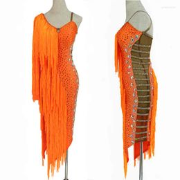 Stage Wear 2023 Full Tassels Rhinestone Latin Dance Competition Dress Female Samba Costume Sexy Mesh Orange Fringe BL4520