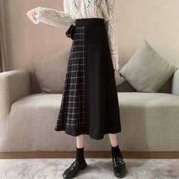 Skirts Fashion Plaid Long Skirt For Women Winter Ladies Elegant A-Line Mid-Calf Korean High Waist Thick Knitted Black