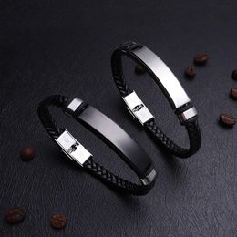 Bangles Stainless Steel Blank ID Tags Leather Bangles For Engrave Leather Braid Bracelet With Metal Plate Wholesale 10pcs