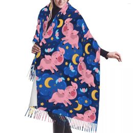 Scarves Winter Tassel Scarf Cute Pigs Night Sky With Moon Clouds Stars Cashmere Neck Head Warm Pashmina Lady Shawl Wrap Bandana