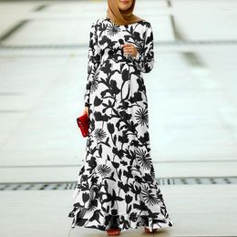 Ethnic Clothing Muslim Long Dress Floral Print Ruffle Hem Robe Abayas For Women Dubai 2023 Elegant Plus Size