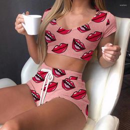 Women's Shorts Women's Summer Crop Top And Drawstring Biker Set Casual Lips Print Sportswear Girls Contrast Lace Fun Lingerie