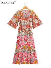 Dresses Boho Vintage Floral Print Rayon Cotton Jungle Botanical Printed Maxi Hippie Vestidos Ladies Tassels V Neck Short Sleeve Dress