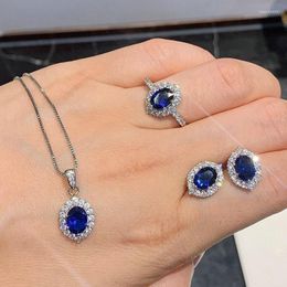 Necklace Earrings Set 2023 Elegant Blue Stone Cubic Zircon Fashion Vintage Cute Pendant Earring Ring Female