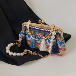 Tassel Personalised straw clip Chinese style cheongsam Dinner Bag 2022 new pearl chain messenger womens bag 240516
