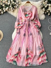 Casual Dresses Autumn Vintage Women Printed Pleated Long Dress Elegant V-Neck Lantern Sleeve High Waist A-Line Draped Maxi Robe Female 2023