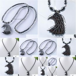 Pendant Necklaces Black Non Magnetic Eagle Head Necklace Natural Hematite Stone Beads Fashion Jewellery Gift F3035 Drop Delivery Pendan Dhbtc