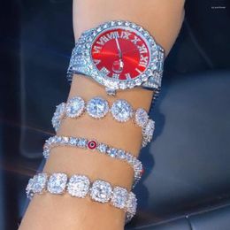 Wristwatches Hip Hop Bling Iced Out Women Men Watch Bracelet Set High Quality Watches Round Square Heart Crystal Cuban Link Jewellery