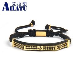 Bangle Ailatu New Luxury Fashion Mens Jewellery Micro Pave Black Cz Pyramid Double Long Tube Watch Protector Macrame Bracelets Rope