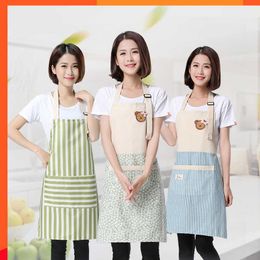 New Women Kitchen Aprons Wipeable Waterproof Oil-proof Cartoon Bear Cotton and Linen Smock Household Cleaning for Kitchen