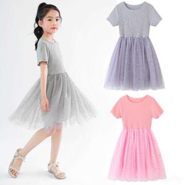 Girl's Dresses Teenage Summer 9-10 11 Years Old Pure Cotton Short Sleeves Purple Cute Toddler Girls Princess Shiny Wedding Dress G220523