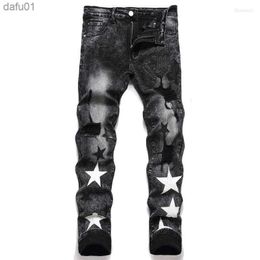 Men's Jeans Men's Jeans Stars Men Embroidery Ripped Trend Motorcycle Pants Streetwear Black Denim Slim Fit Casual Holes Destroyed Hip Hop Trousers L230520