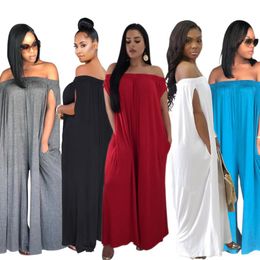 Women's Jumpsuits & Rompers Wide Leg Solid Jumpsuit Sexy Sleeveless Off Shoulder Women Casual Loose Pocket Basic Ladies Romper Fashion