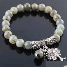 Beaded 8Mm Labradoirte Stone Beads Bracelet With Tree Of Life Pendant Charms Strand Bracelets For Women Female K3217 Drop Delivery Je Dhkw8