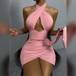 Casual Dresses Ruched Backless Halter Sexy Mini Dress Women Summer 2023 Sleeveless Pink Cut Out Bodycon Short Party Night Club Wear