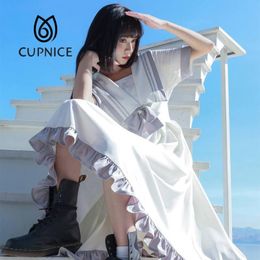 Dresses CUPNICE New Sailor Suit Maxi Dress Women Patchwork Ruffles Japanese Sweet Ladies Aline Soft Design Summer Allmatch Dresses