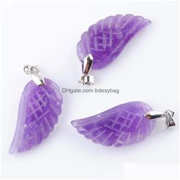 Pendant Necklaces Natural Stone Angel Wings Pendants Beads For Necklace Earrings Jewellery Making Aventurine Flourite Agates Bn358 Dro Dhx6E