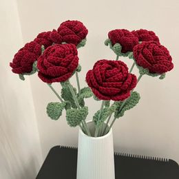 Decorative Flowers Finished Handmade Crochet Red Rose Flower Artificial Cotton Home Decor Wedding Bouquet Knitting