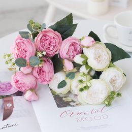 Декоративные цветы 30 см розовые белый пион искусственный букет 5 большая голова и 4 подделка за бутон для домашнего свадебного украшения в помещении