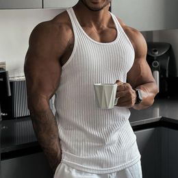 Mens Tank Tops Summer knit fitness vest for men I line back slim vertical stripes fashion sportswear breathable bodybuilding sleeveless 230524