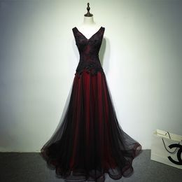 Long Prom Dresses Black And Red Deep V-Neck Appliques Beading Tulle A-Line Lace-up Plus Size Graduation Cocktail Homecoming Formal Evening Party Gown 25