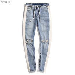 Men's Jeans Mens Jeans Designer Skinny Ripped White Striped Jeans Fashion Stretch Slim Drawstring Biker Pants Black Blue L230520