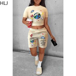 Women's Tracksuits HLJ Summer Pattern Printing Shorts Two Piece Sets Women Round Neck Crop Top + Shorts Tracksuit Casual Jogger Sporty 2pcs Outfits Y23