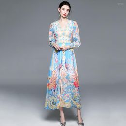 Casual Dresses 2023 Fashion Women Holiday Style Flower Printing Long Sleeve V-Neck Single Breasted Bohemain Chiffon Female Maxi Robes A1199