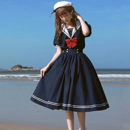 Dresses Women JK Dress Japanese Preppy Style Kawaii Girls Student Sailor Collar Court New Fashion Puff Sleeve Bow Summer Dresses 2022