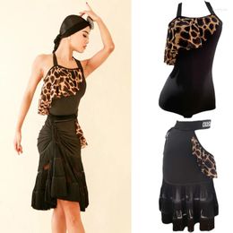 Stage Wear Sexy Cross-Tie Latin Top Cutout Leopard Fringed Skirts Ballroom Competition Dance Clothes Costumes For Women SL6124