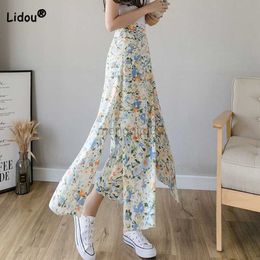 Women's Tracksuits Korean Printed Chic Split Fork Chiffon Wide Leg Pants for Female Summer Casual High Waist Thin Cropped Pants Women's Clothing Y23