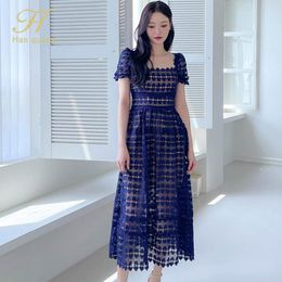 Dresses H Han Queen Summer New Sexy Hollow Out Long Dresses Women's ALine Slim Evening Party Dress Korean Simple Elegant Lace Vestidos