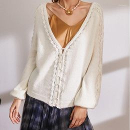 Women's Knits Women Sweater Lace Hollow Out V-neck Knitted Cardigans Solid Colour Top Sweet