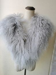 Women Real Mongolian Lamb Fur Scarf Shawl Wraps Winter Warm Cape Grey