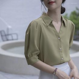 Women's Blouses Fashion Esimple Commute Pocket Loose Appears Thin Elegant All-match Women Short Sleeve Solid Colour Shirts Top Z250