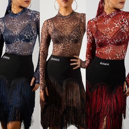 Stage Wear 2023 Sexy Latin Dance Dress Women See Through Tops Fringe Skirt Long Sleeves Competition Cha Costume DNV17367