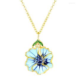 Pendant Necklaces Bohemia Jewellery Symmetrical Big Flower Petal Necklace For Women Blue Pink Enamel Luxury Yellow Gold Colour Chain