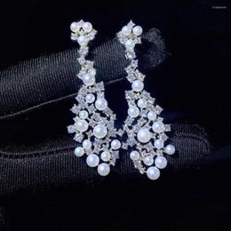 Dangle Earrings Natural Fresh Water Pearl Earring 925 Sterling Silver With Cubic Zircon Drop Fine Women Jewellery