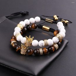 Strand Design Men Women Bracelet Natural Tiger Eye Howlite CZ Micro Pave Crown Friendship Macrame Adjustable Bacelet