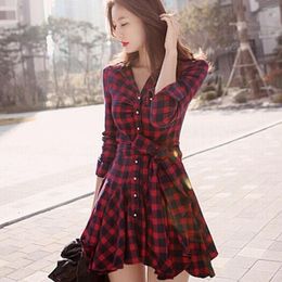 Casual Dresses Women Plaid Shirt Dress Autumn Elegant Long Sleeves Office Lady Buttons Lace Up Female Lapel Slim A Line