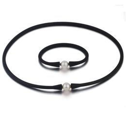 Necklace Earrings Set Wholesale 20 Inches 11-12mm Natural Round Pearl Black Rubber Silicone And 7.5 Bracelet Jewelry