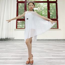 Stage Wear Latin Practise Dress Children White Mesh Dance For Girls Clothes Cha Rumba Samba DQS5217