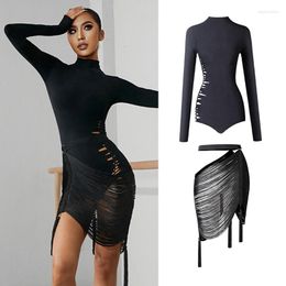 Stage Wear Black Latin Dance Competition Dress Women Long Sleeves Fringe Cha Rumba Salsa Clothing Tops Skirt DNV17155