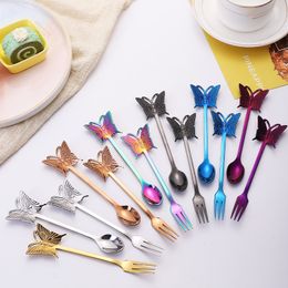 304 Stainless Steel Coffee Spoons Teaspoon Gold Plated Sugar Dessert Fruit Fork Mirror Polishing Butterfly Handle Dinnerware