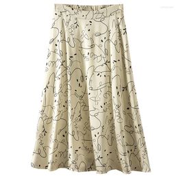 Skirts Summer 90% Natural Silk Women Skirt Print A-LINE Mid-Calf SATIN Long For Korean Fashion Clothing