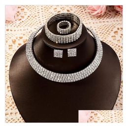 Wedding Jewellery Sets Shiny Square Rhinestones Necklaces Ring Bracelet Earring Jewel Set Gsfs015 Fashion Women Gift Fourpiece Suit Dr Dhcue