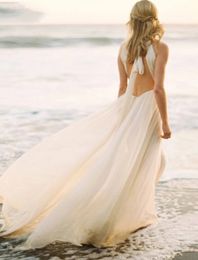 الشاطئ المفتوح Back Boho Wedding Dress Train Train A-Line Halter Halter Chiffon Bride Party Dons Summer Vestidos de Novia Custom 2023