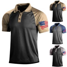 Men's Polos Men Polo Shirt Lapel Tops American Vintage Flag Print Casual Loose Short Sleeve T-shirt Summer Patchwork Harajuku Button Clothes