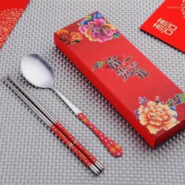 Chopsticks 100 Set/Lot Stainless Steel Dinnerware Double Happiness Red Colour Spoons Chopstick Sets Wedding Party Gifts For Guest