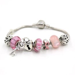Bracelets 6PCS New Arrival Breast Cancer Pink Ribbon Jewellery European Murano Lamp Glass Bead Heart Lock Key Awareness Bracelet Pusleras